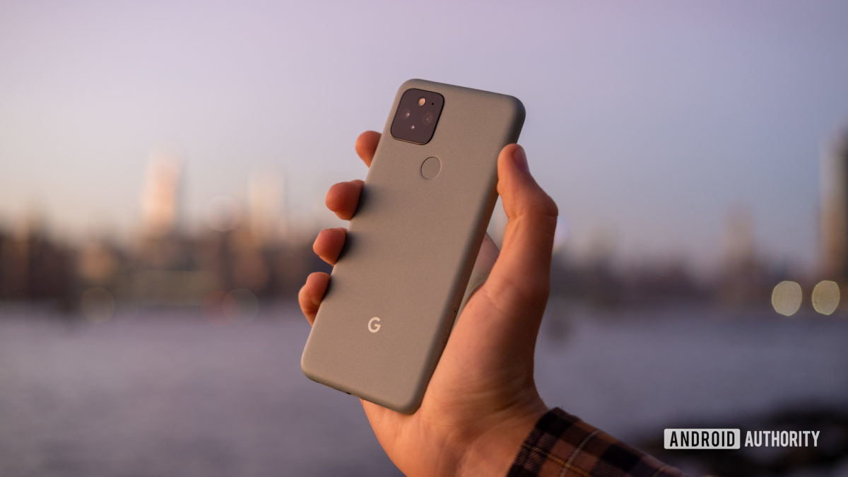 Google Pixel 5 in hand sunset back 3