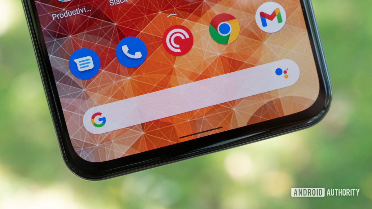 google pixel 5a review google search logo google messages phone pocket casts chrome gmail 2 the google pixel 5a home screen showing a close up of the google search bar