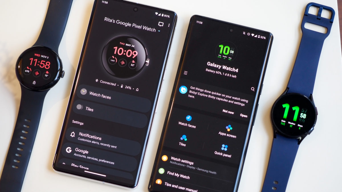 Pixel Watch and Galaxy Watch 4 next to two Pixel phones showing the companion apps