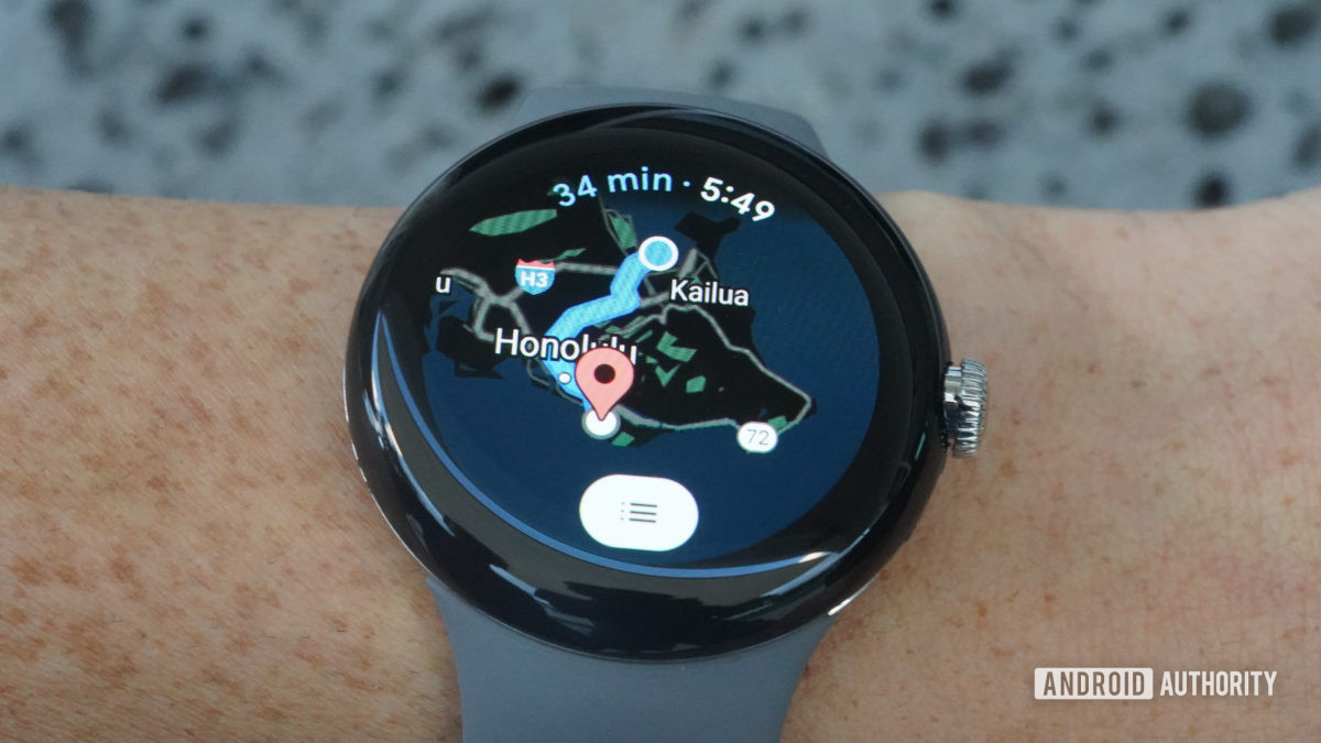 A Google Pixel Watch displays directions in the Google Maps app.