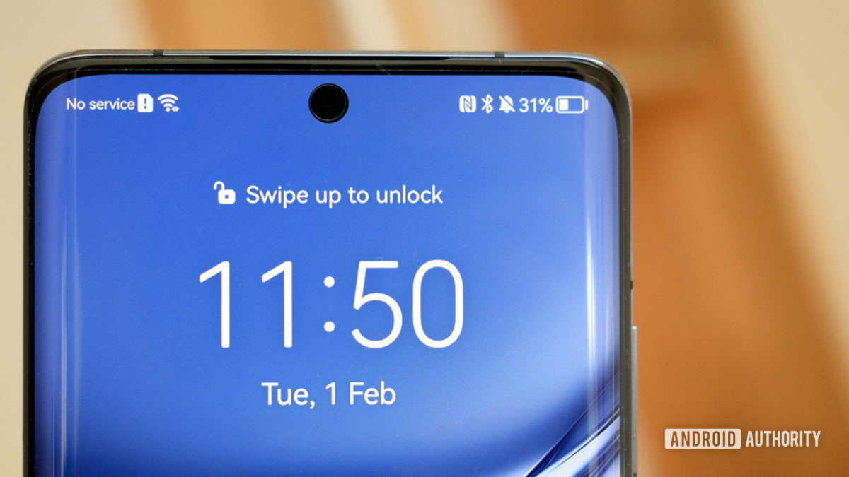 Huawei P50 Pro display up close with date and time