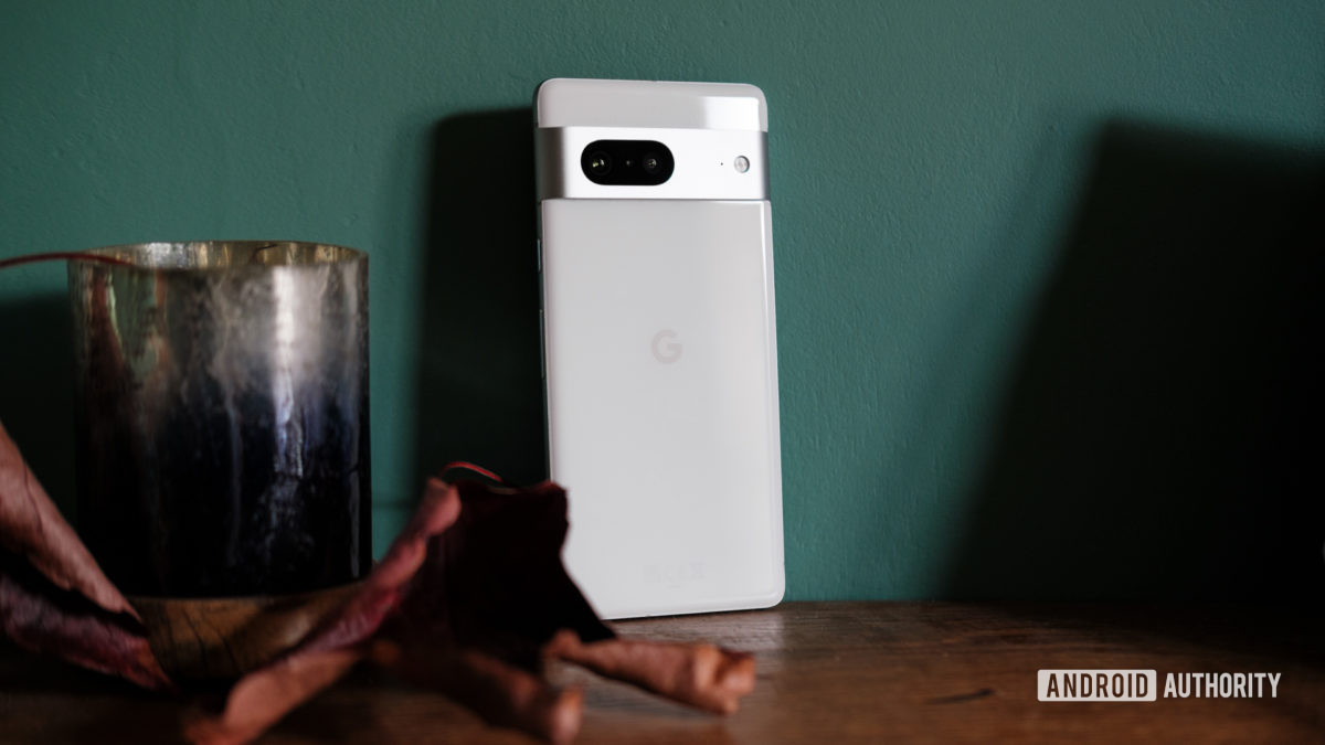 Google Pixel 7 back on green wall