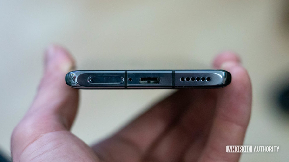 Huawei P50 Pro bottom edge profile showing USB C port SIM tray and speaker