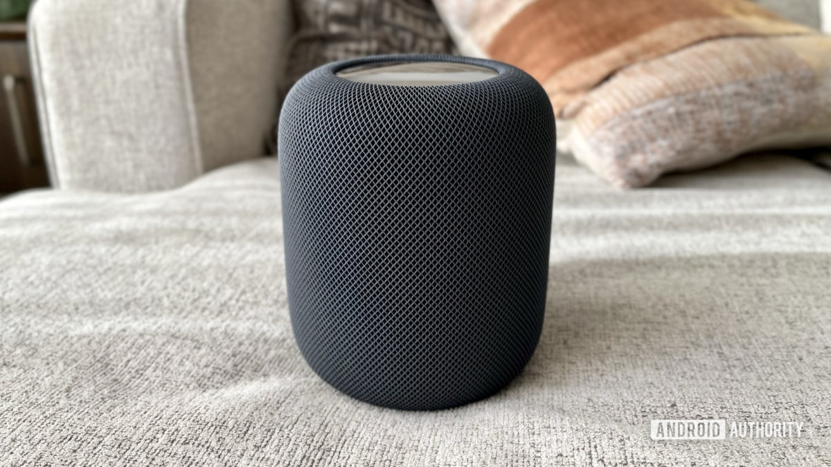 The HomePod 2nd gen on a couch