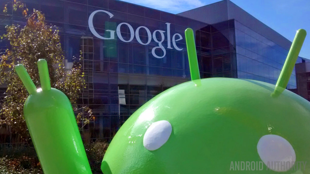 An Android robot outside a Google building.