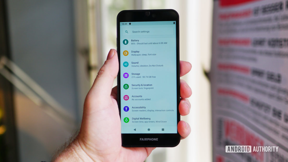 Fairphone 3 settings menu