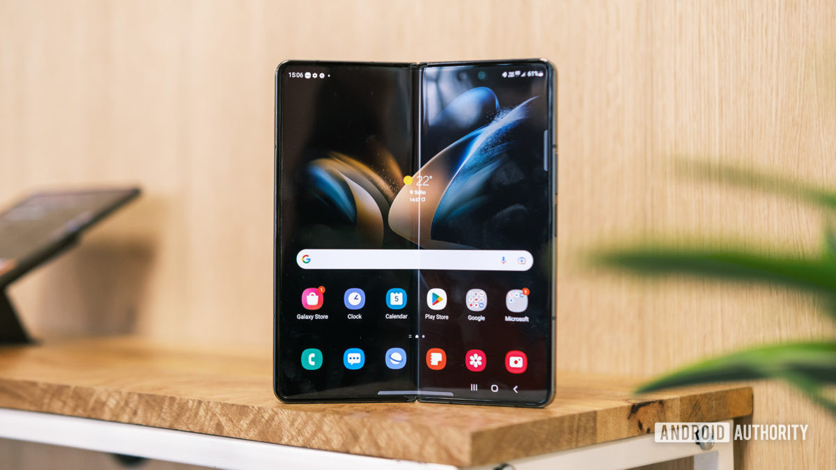 Samsung Galaxy Z Fold 4 standing on table