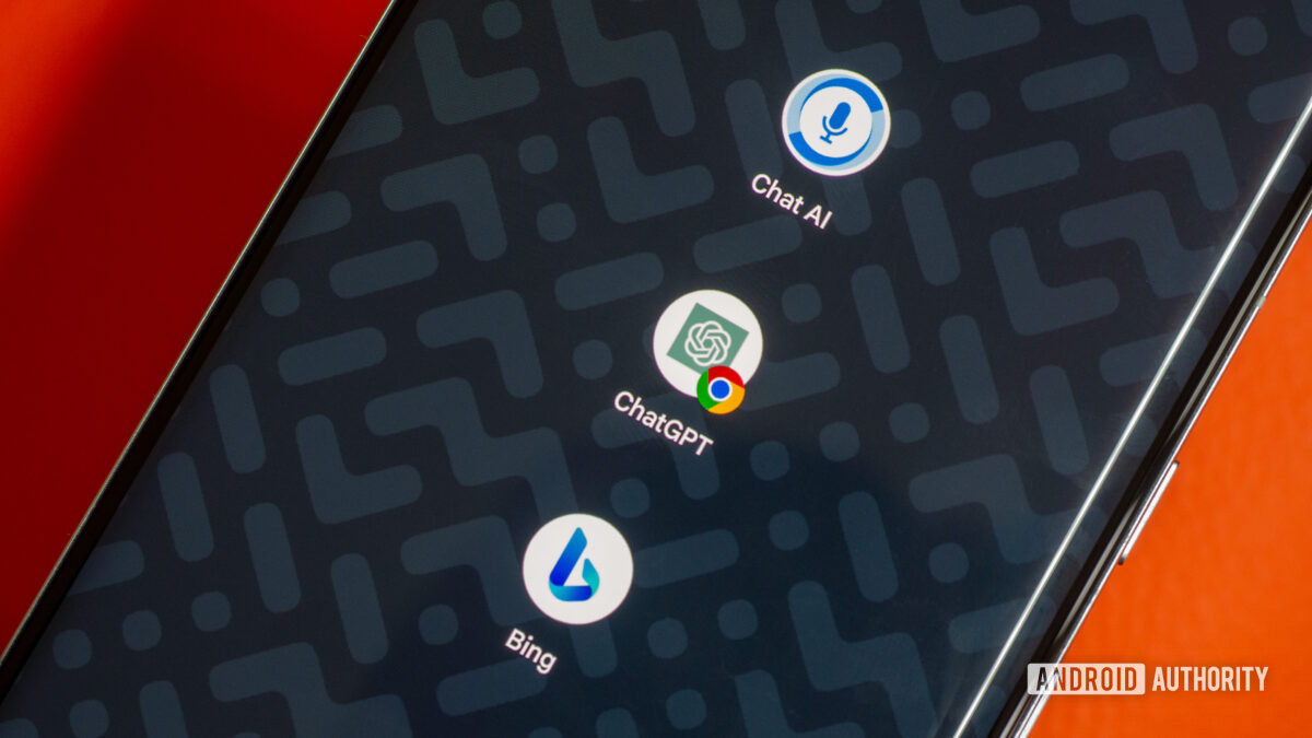 Bing, ChatGPT, and SoundHound Chat AI icons on an Android homescreen