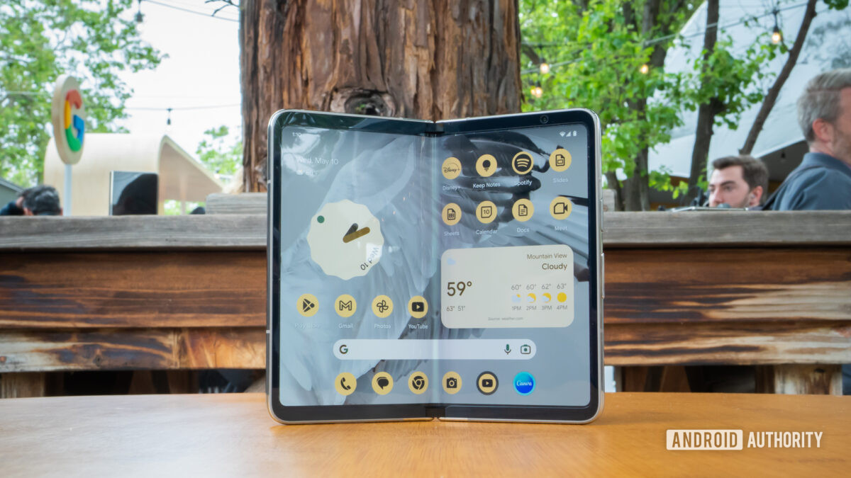 Google Pixel Fold opened up in garden