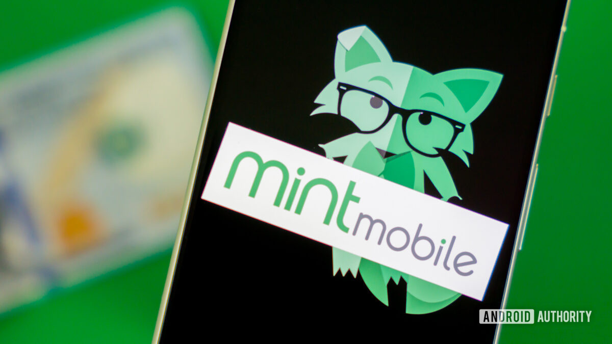 Stock photo of Mint Mobile fox on phone with money 1