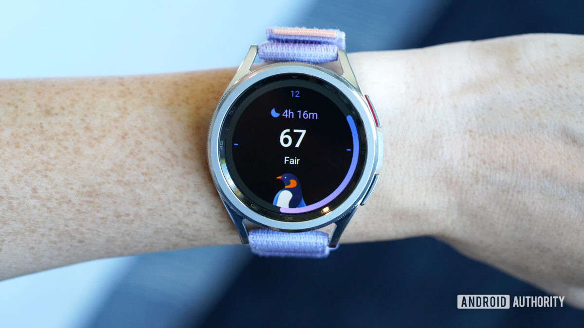 A Samsung Galaxy Watch 6 displays a user's sleep score and sleep animal.