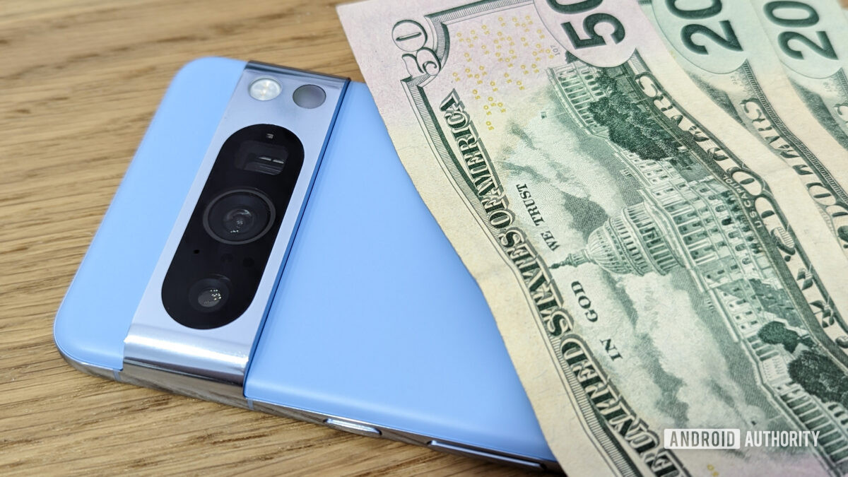 google pixel 8 pro bay blue stack money dollar bills