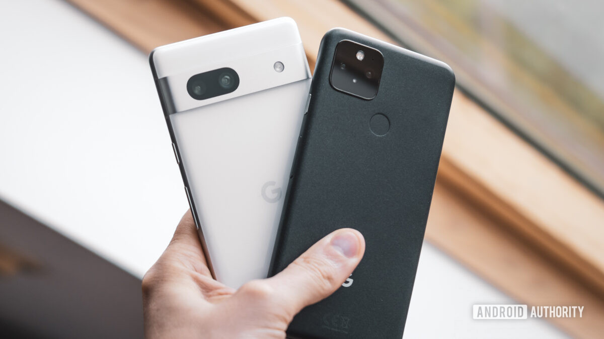 Google Pixel 7a vs Pixel 5 backs in hand