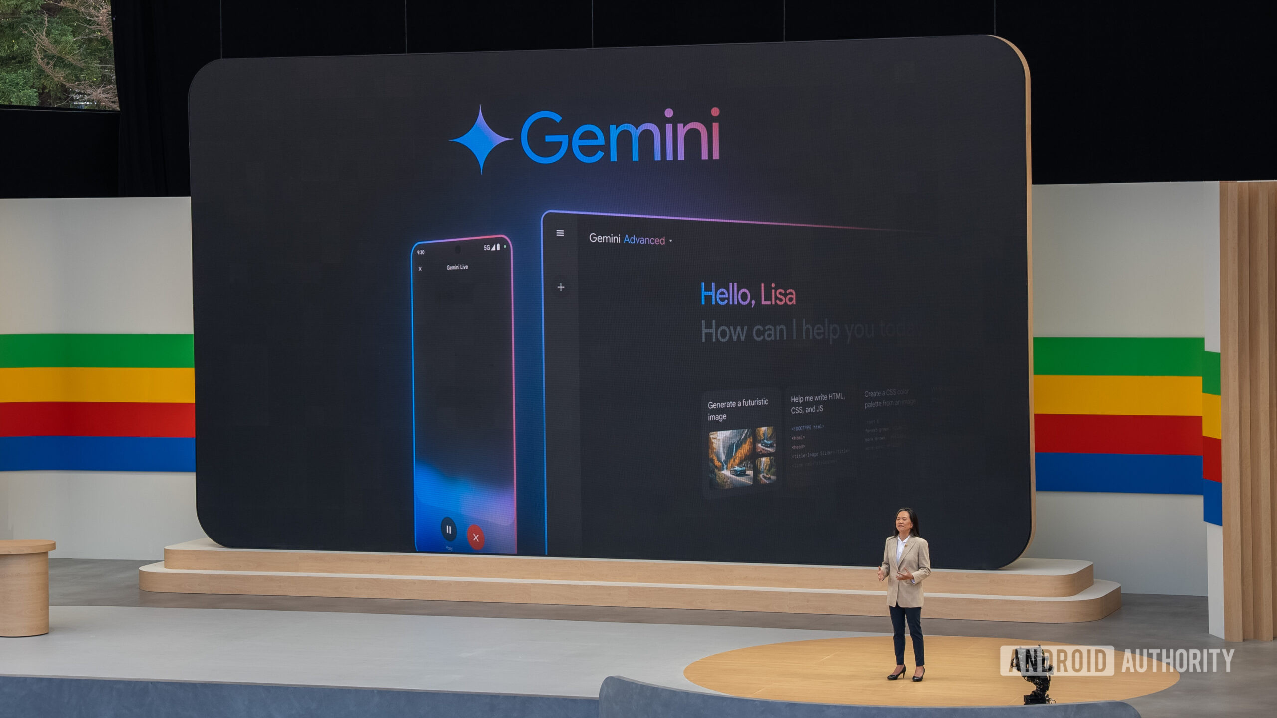 Google Gemini logo and app shown on two Android devices at Google I/O
