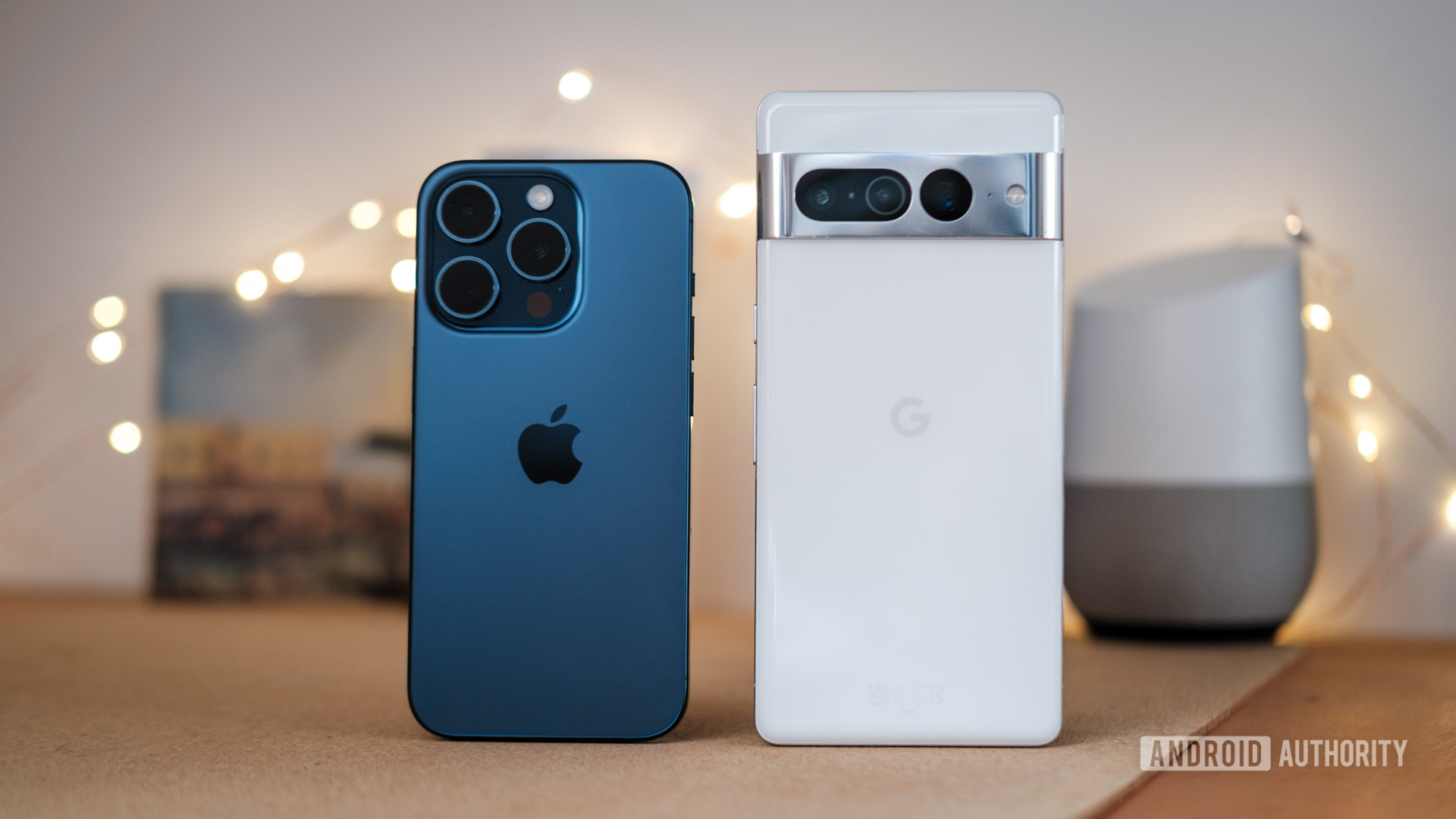 Apple iPhone 15 Pro vs Google Pixel 7 Pro standing on desk