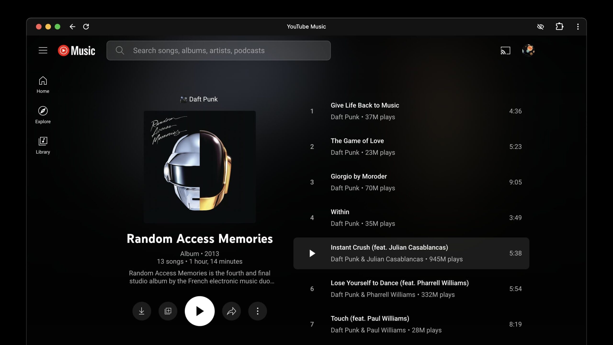 YouTube Music album redesign on the web