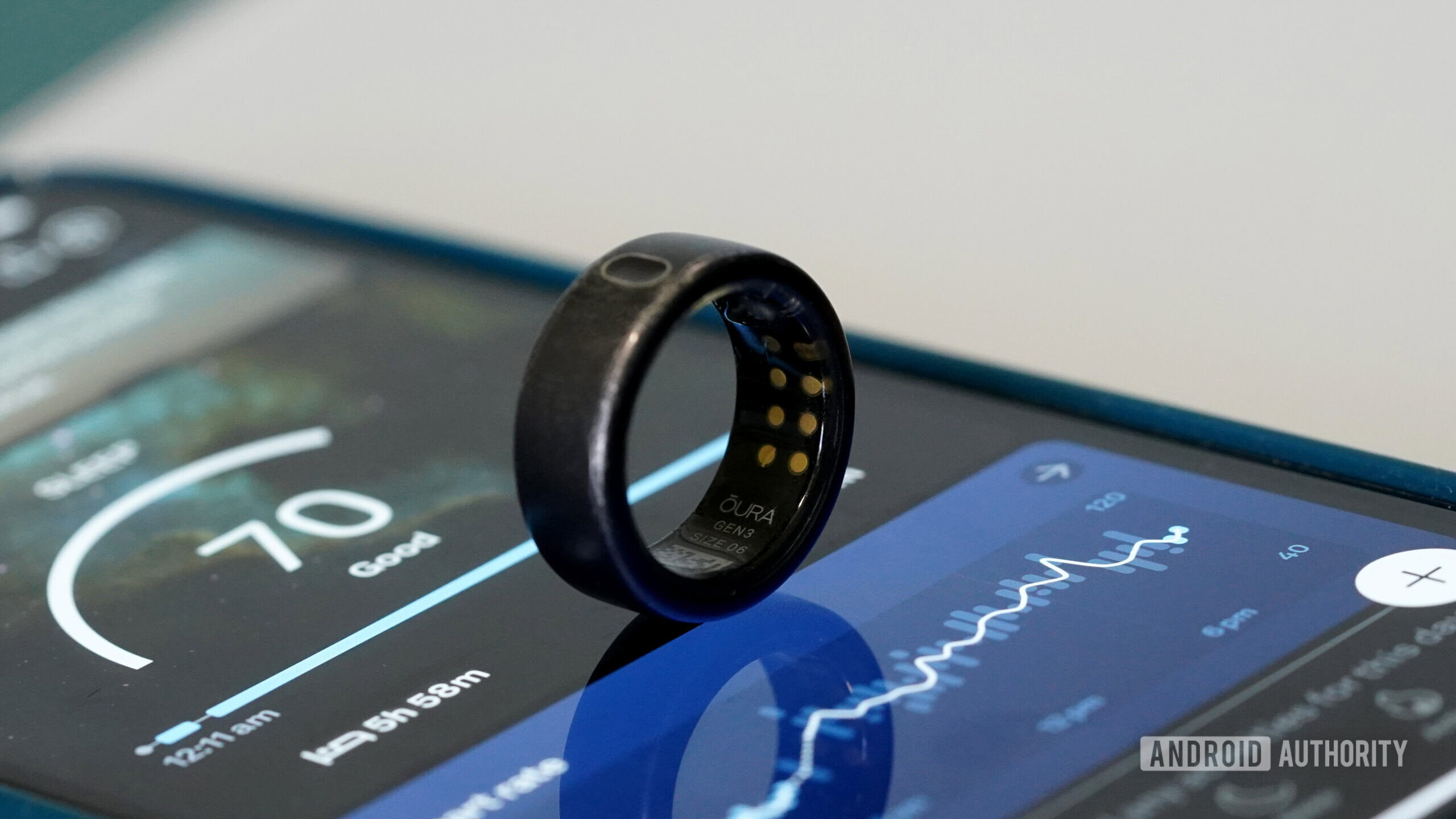 An Oura Ring 3 rests on a smart phone with the Oura App open.