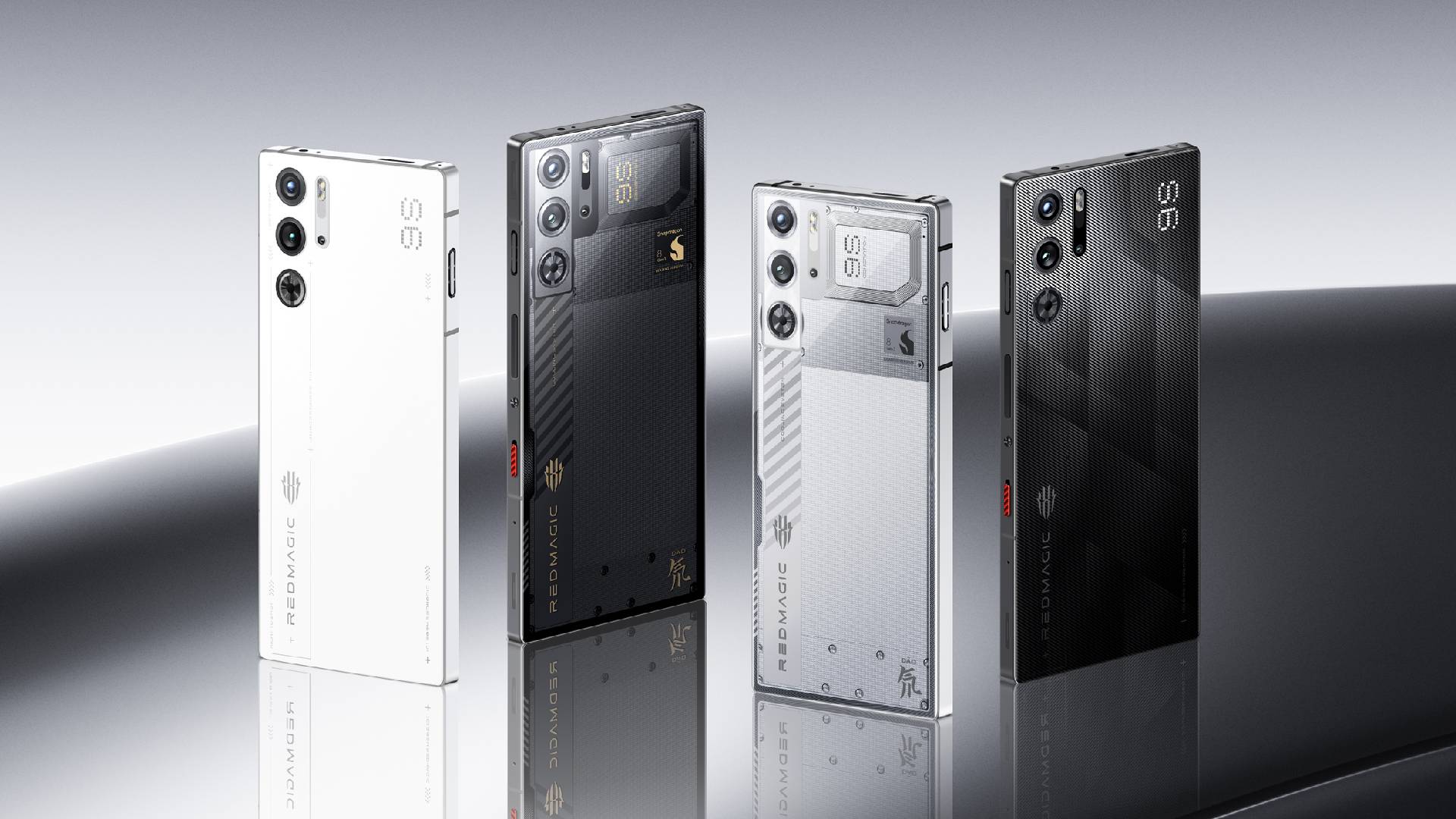 Promotional image of the REDMAGIC 9S Pro showing four variants of the device.