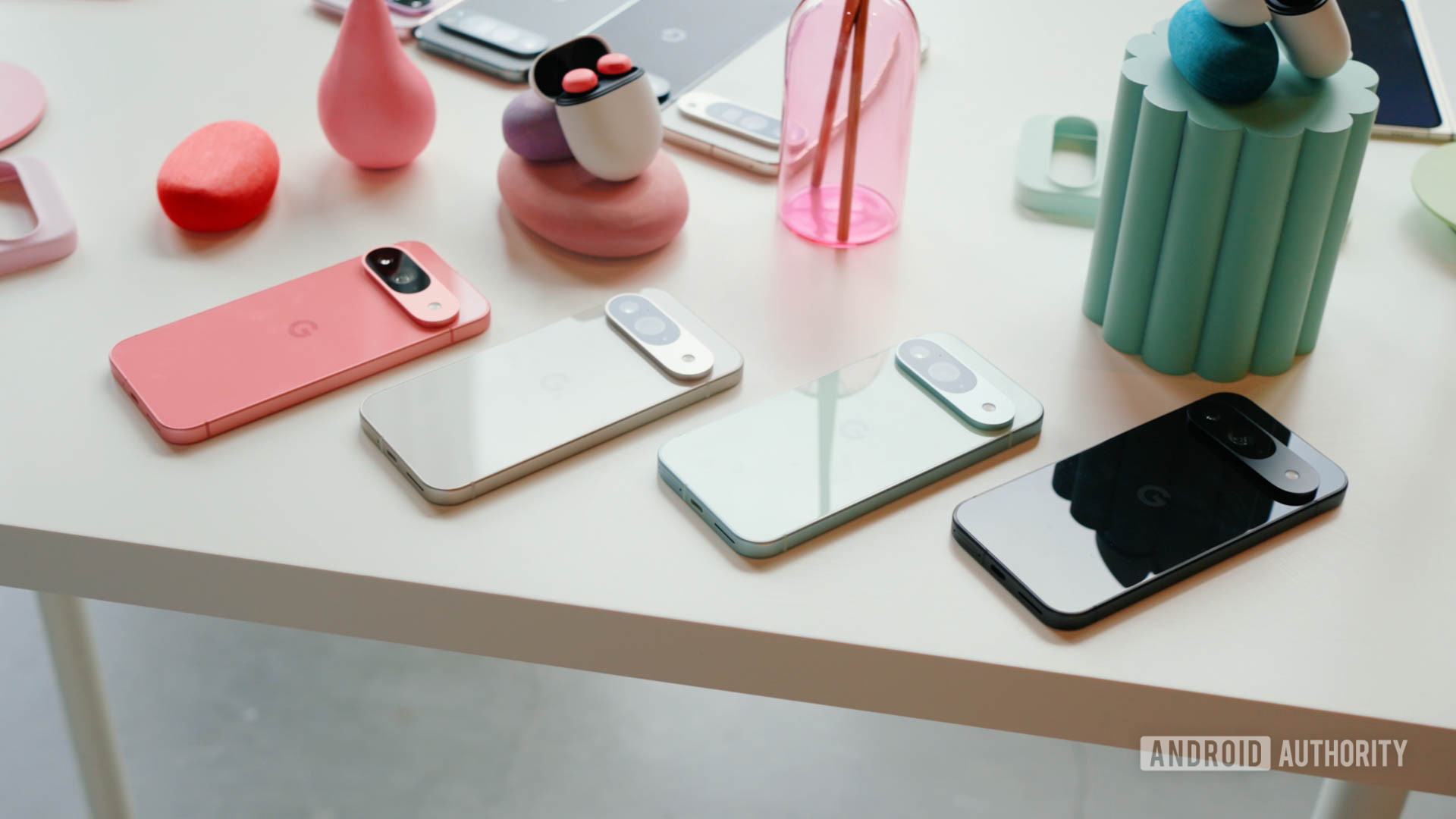 Google Pixel 9 colors side by side on a desk