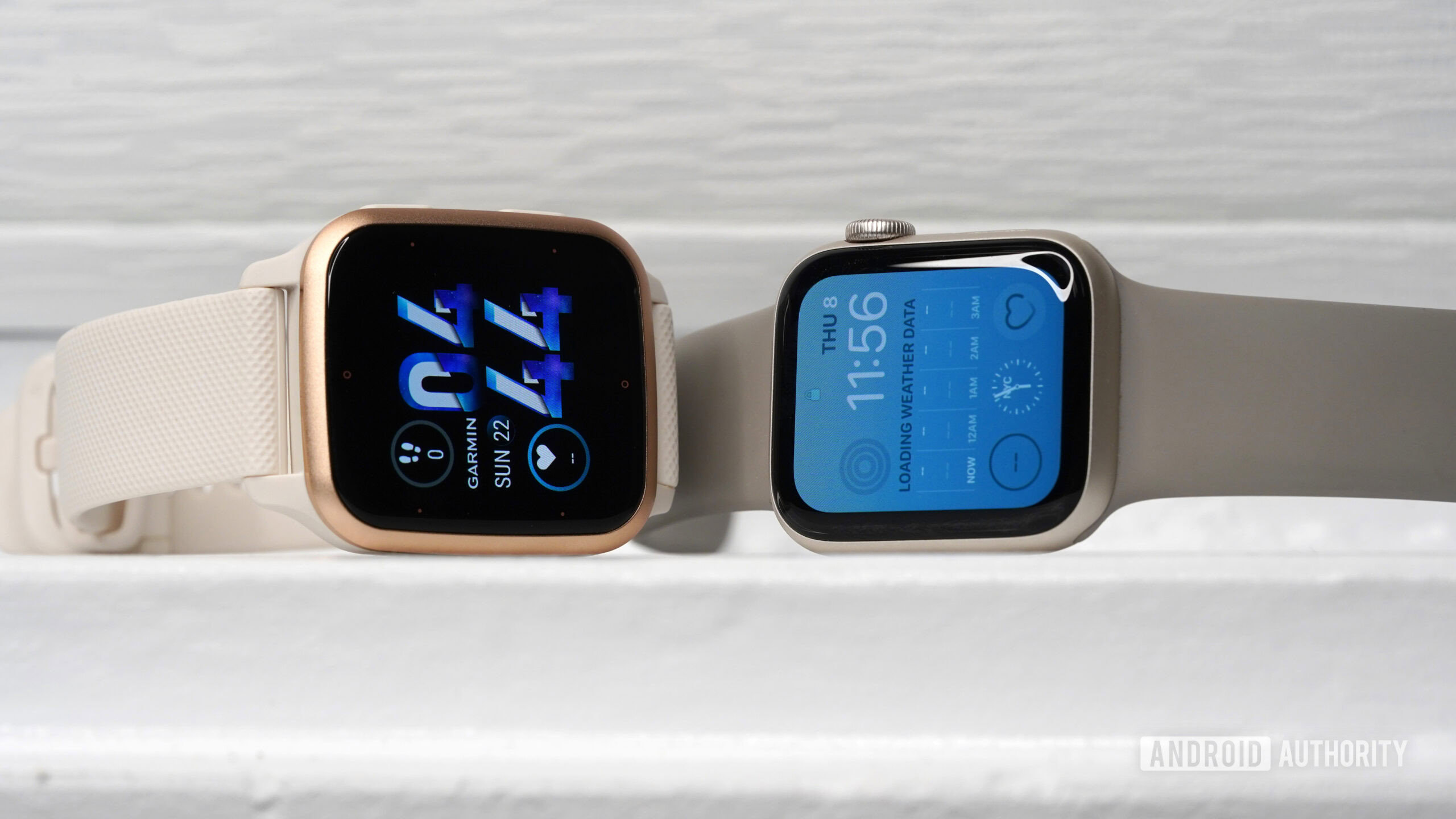 An Apple Watch SE faces off against a Garmin Venu SQ 2.