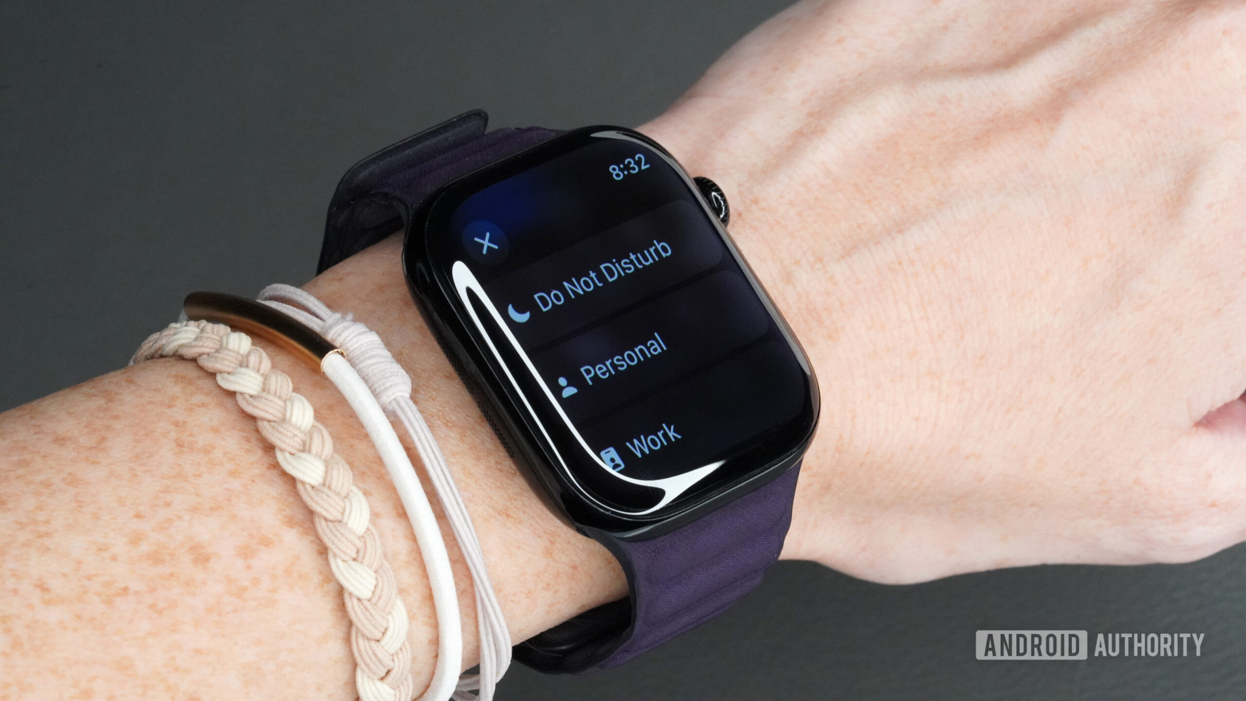 An Apple Watch Series 10 on a user's wrist displays the do not disturb menu.