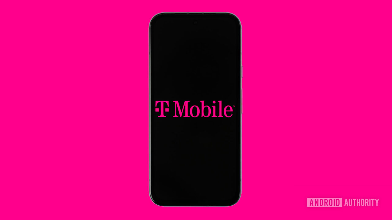 T Mobile logo on smartphone with colored background stock photo