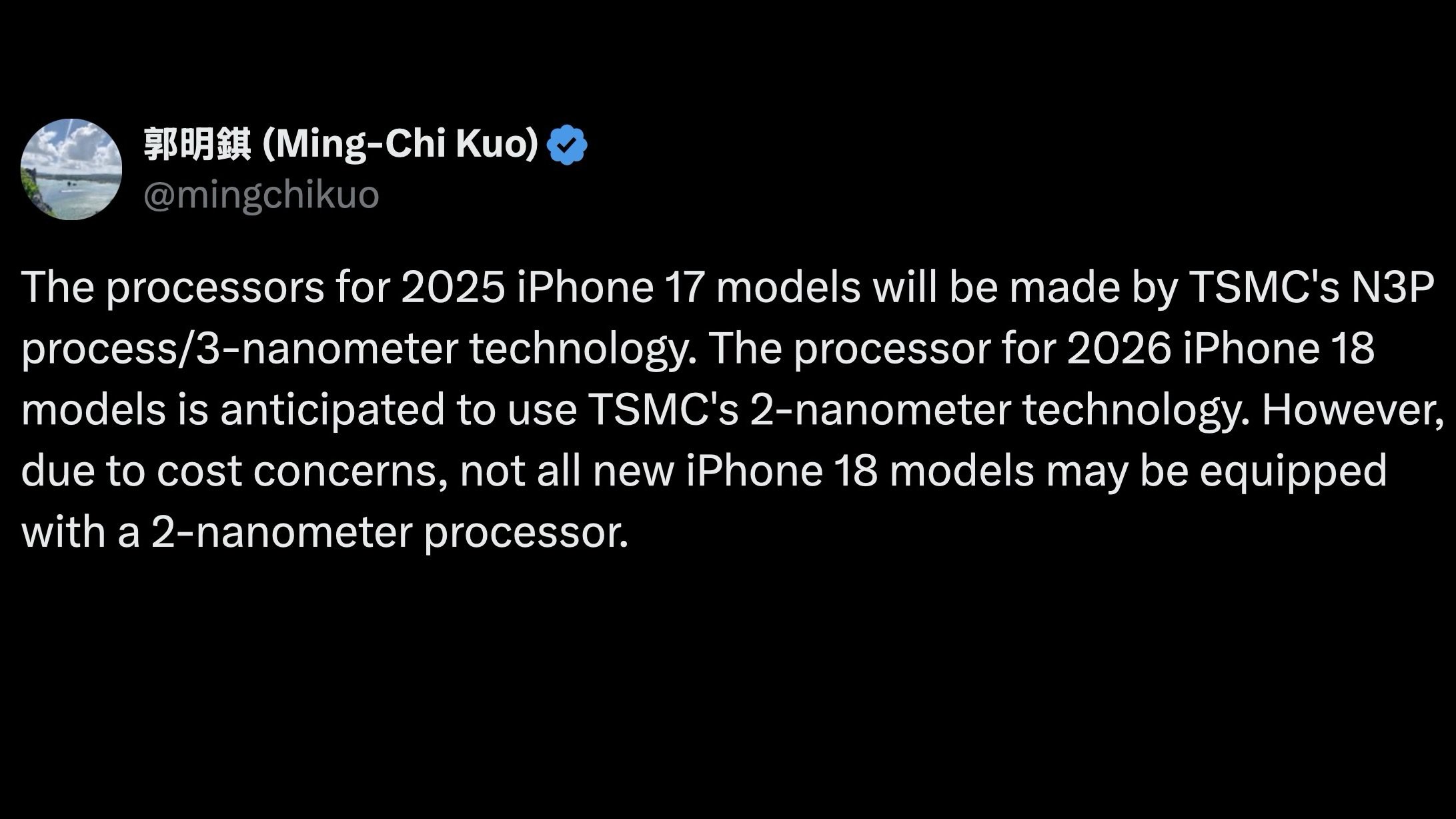 Ming-Chi Kuo tweet about iPhone 18 chips