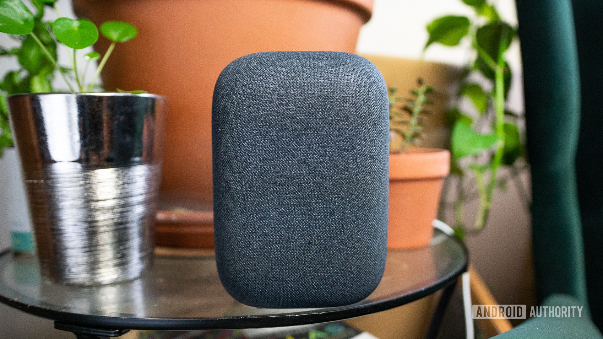 Google Nest Audio pictured on glass table with plants