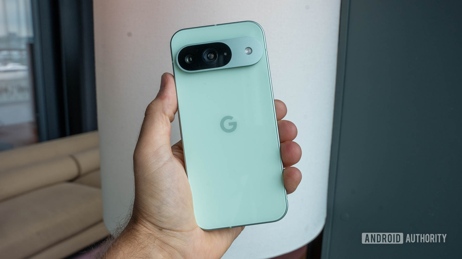 Google Pixel 9 in Wintergreen color held in person's left hand showing back