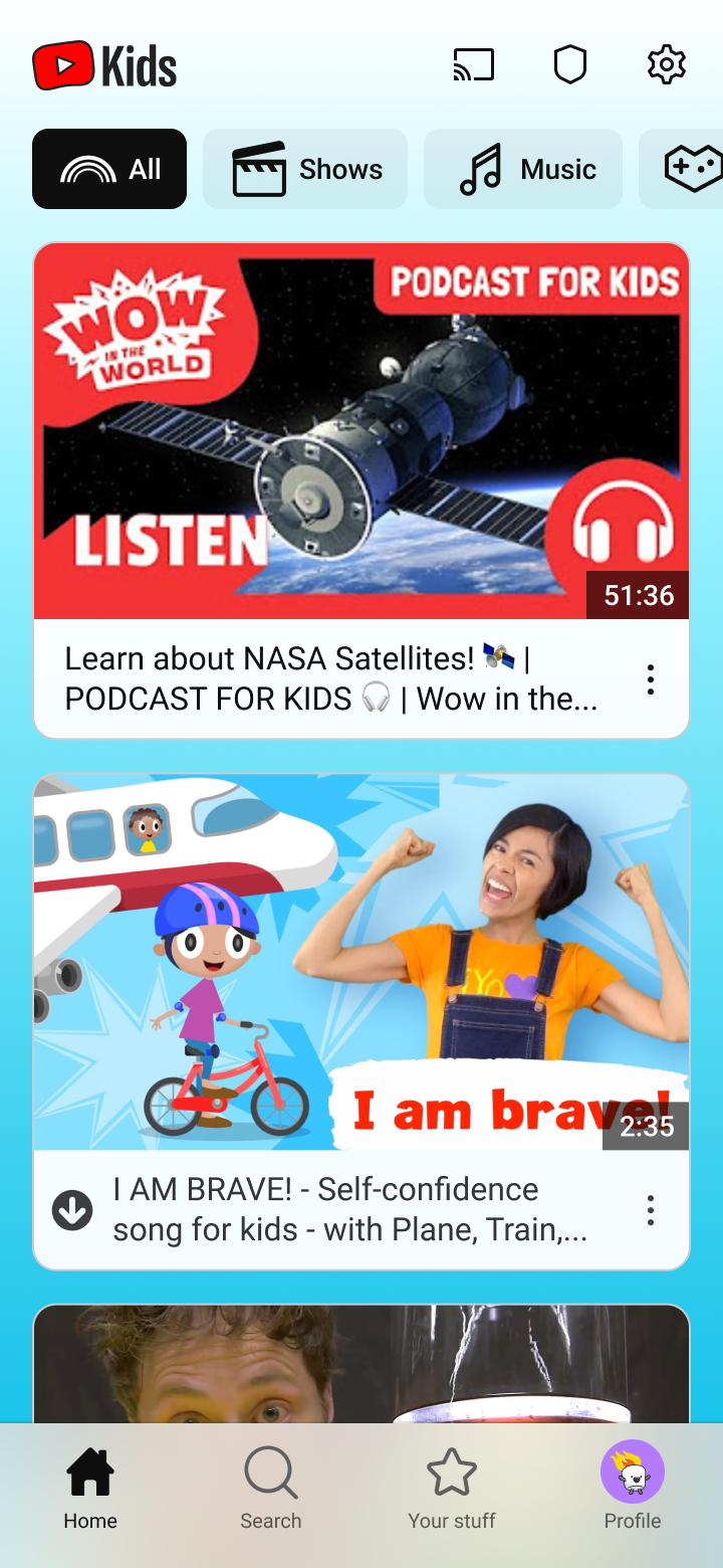 YouTube Kids vertical UI on mobile