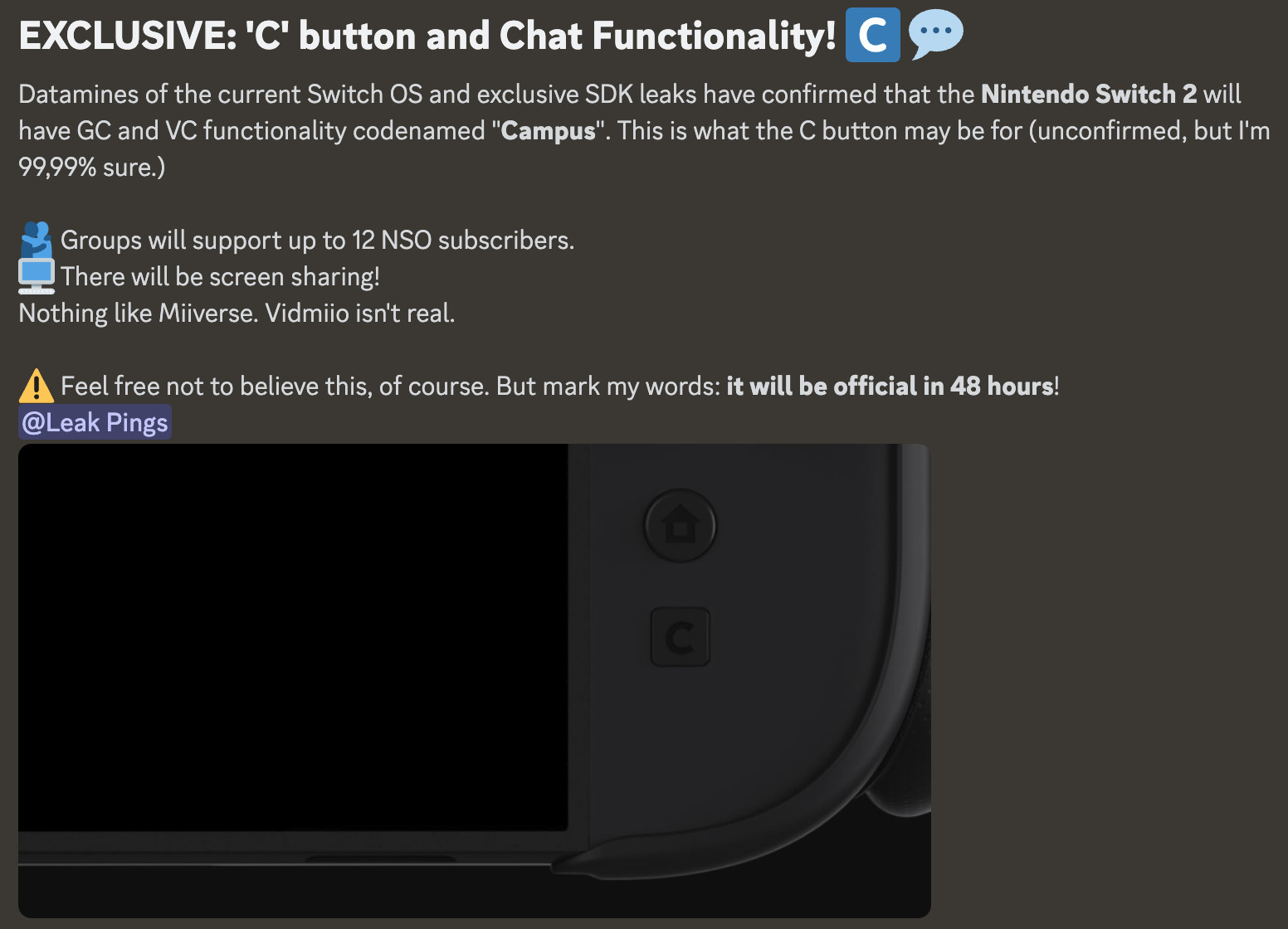 Nintendo Switch 2 C button leak