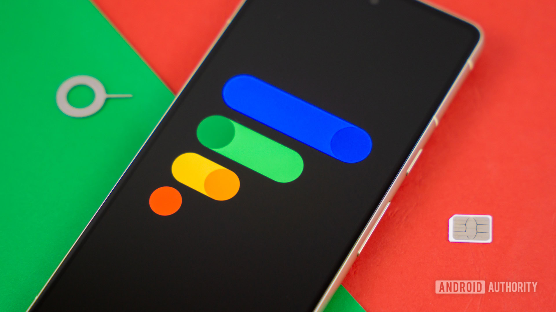 Google Fi Wireless logo on smartphone with SIM card and SIM ejector next to it Stock photo 4