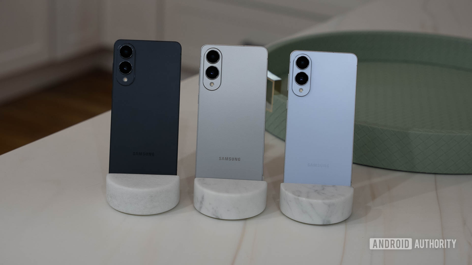 Samsung Galaxy S25 Edge In Stands All Three Colors Head On Samsung Galaxy S25 Edge In Stands All Three Colors Head On