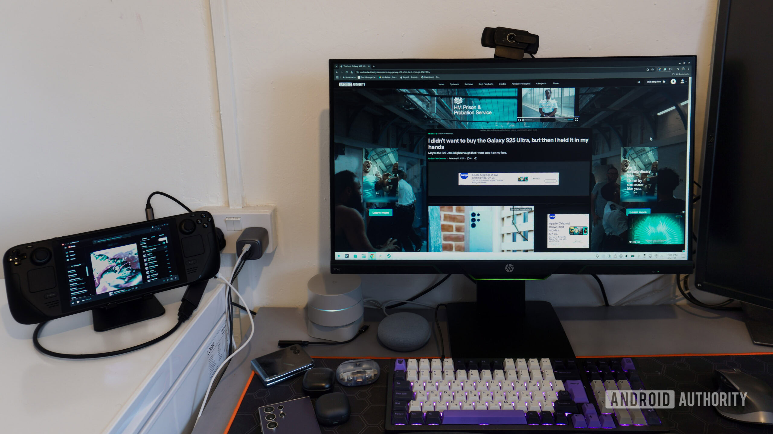 A Steam Deck connected to a monitor and keyboard
