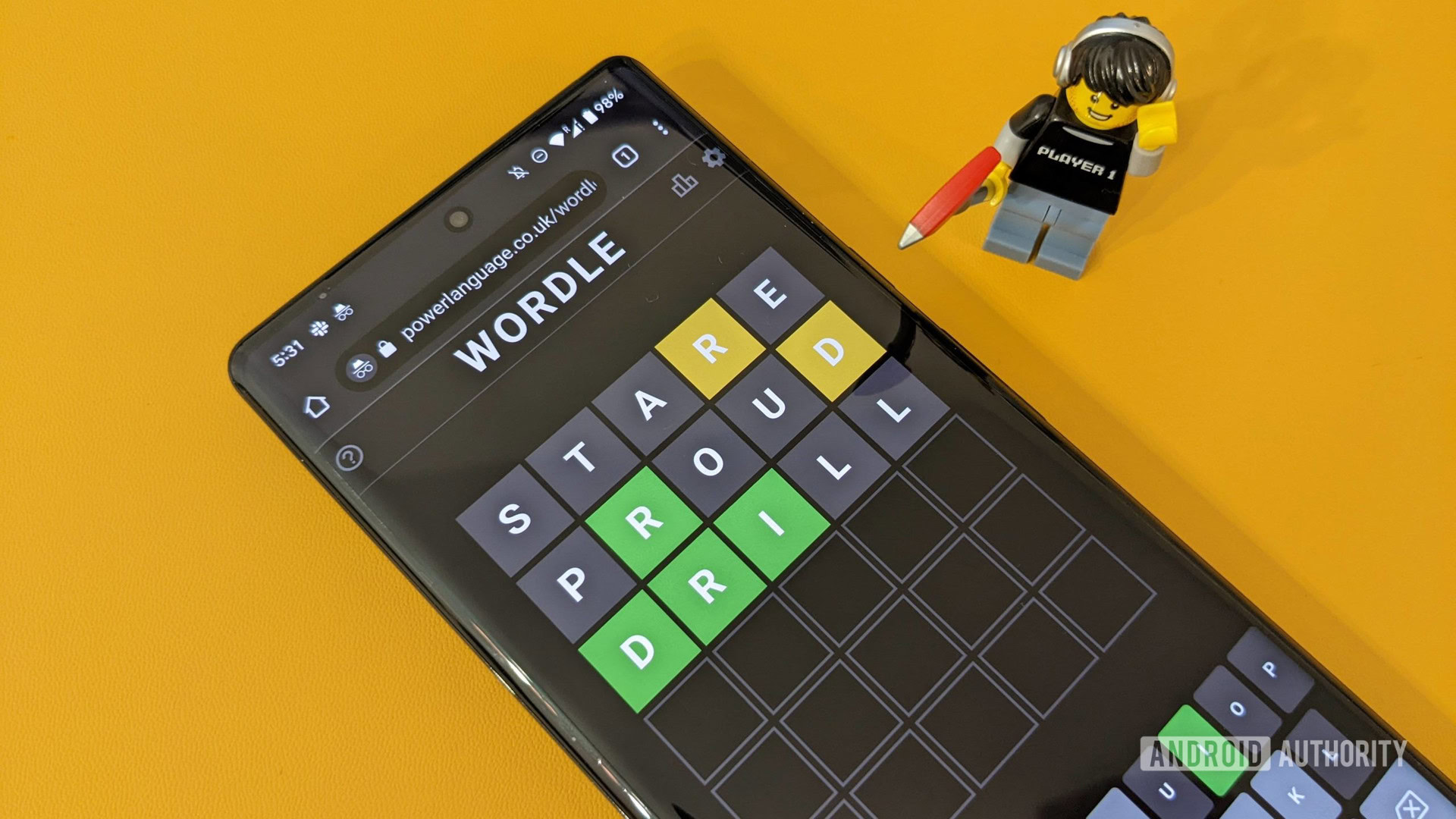 wordle Wordle game screenshot running on a Pixel 6 Pro with a lego player character