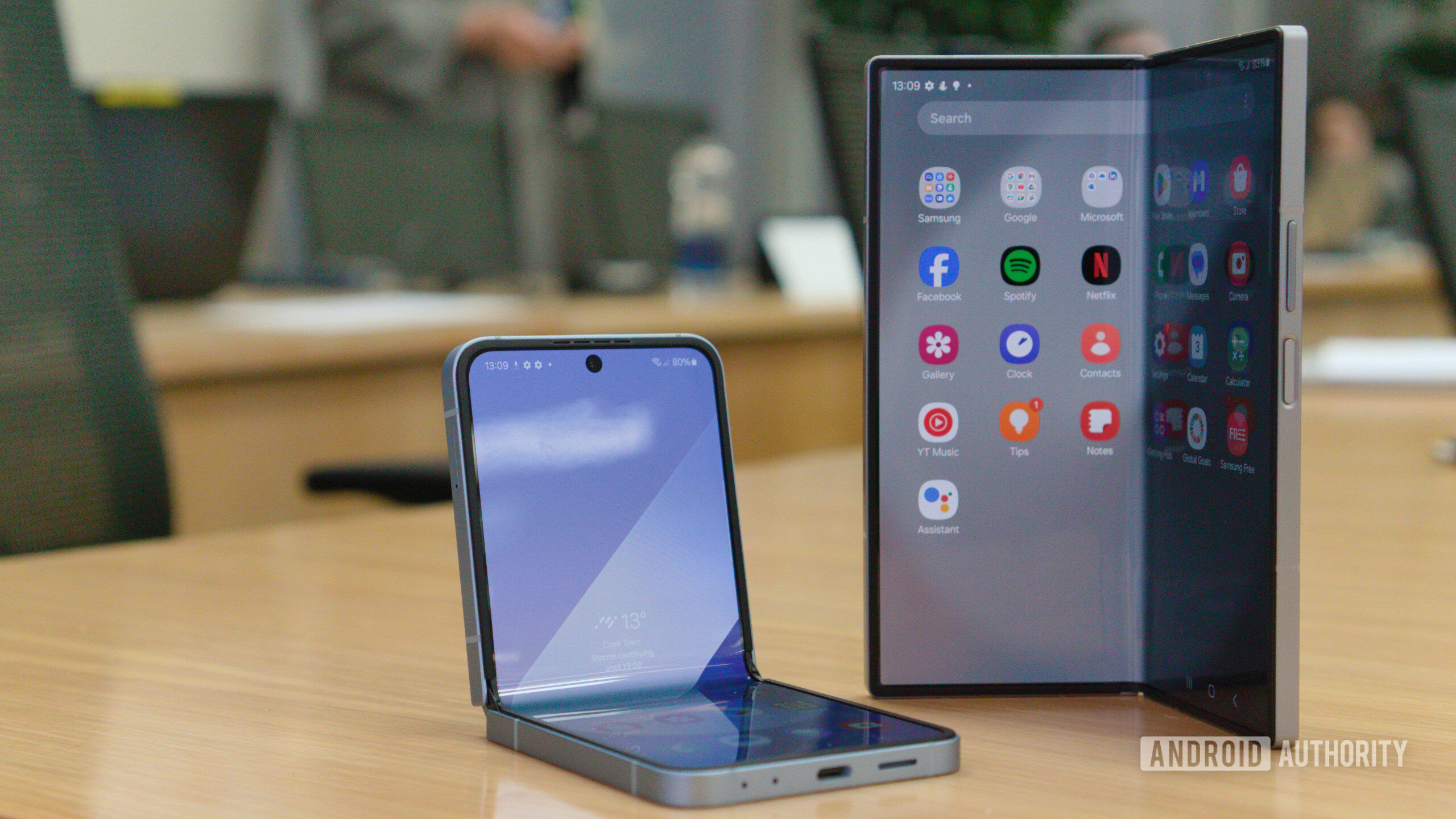 Samsung Galaxy Z Flip 6 and Galaxy Z Fold 6 The partially folded Samsung Galaxy Z Flip 6 and Galaxy Z Fold 6.