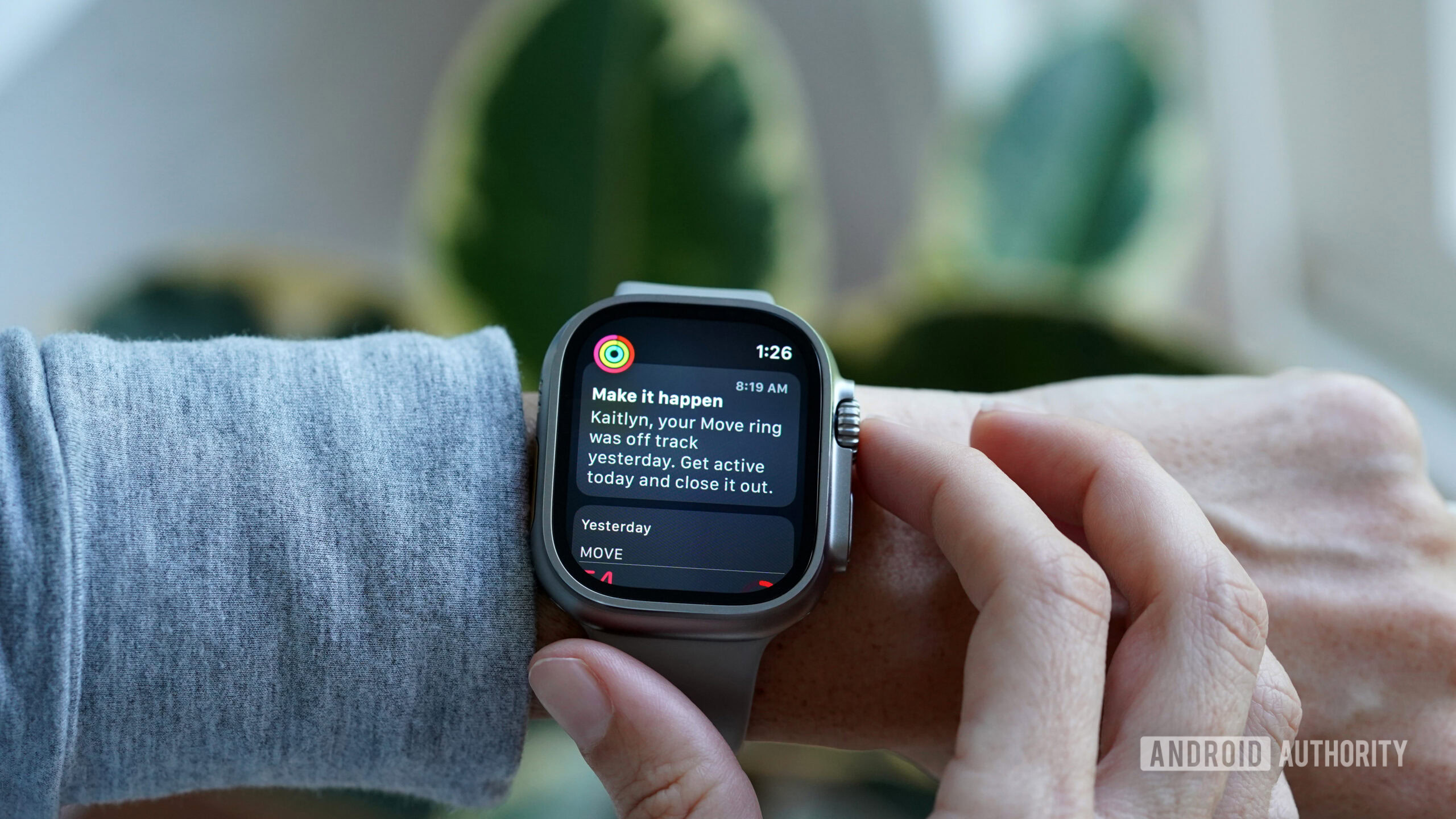 Apple Watch Ultra 2 Activity Prompt A user dismissing an activity prompt on their Apple Watch Ultra 2.