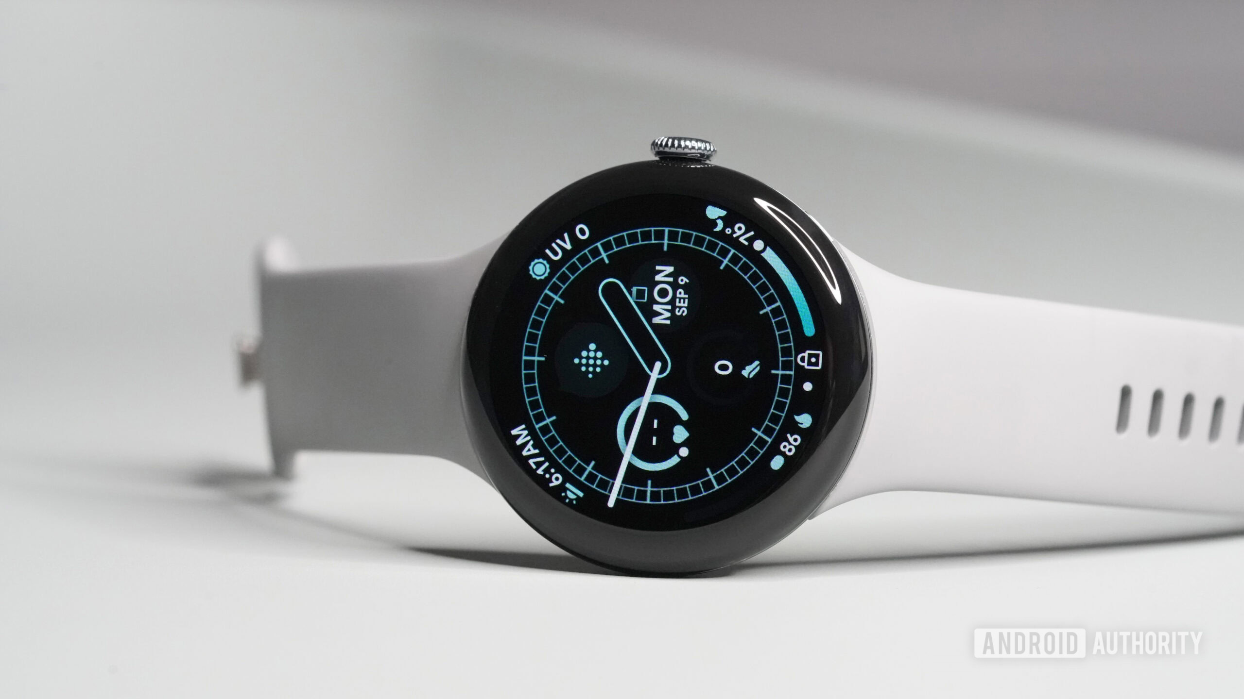 Google Pixel Watch 3 side A Google Pixel Watch 3 rests on its side.