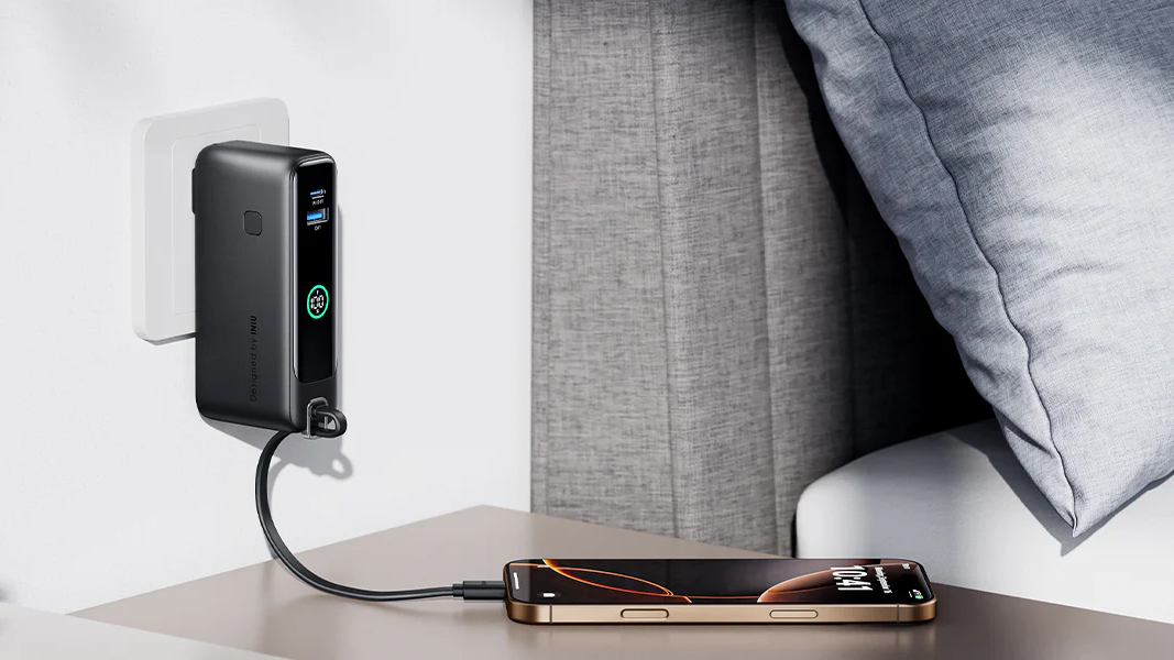INIU Multi P21 Power Bank on bedside table INIU Multi P21 Power Bank on bedside table