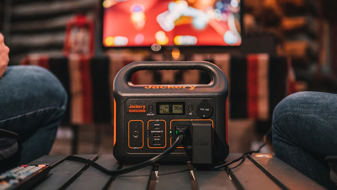 Jackery Explorer 300 Portable Power Station on bench Jackery Explorer 300 Portable Power Station on bench