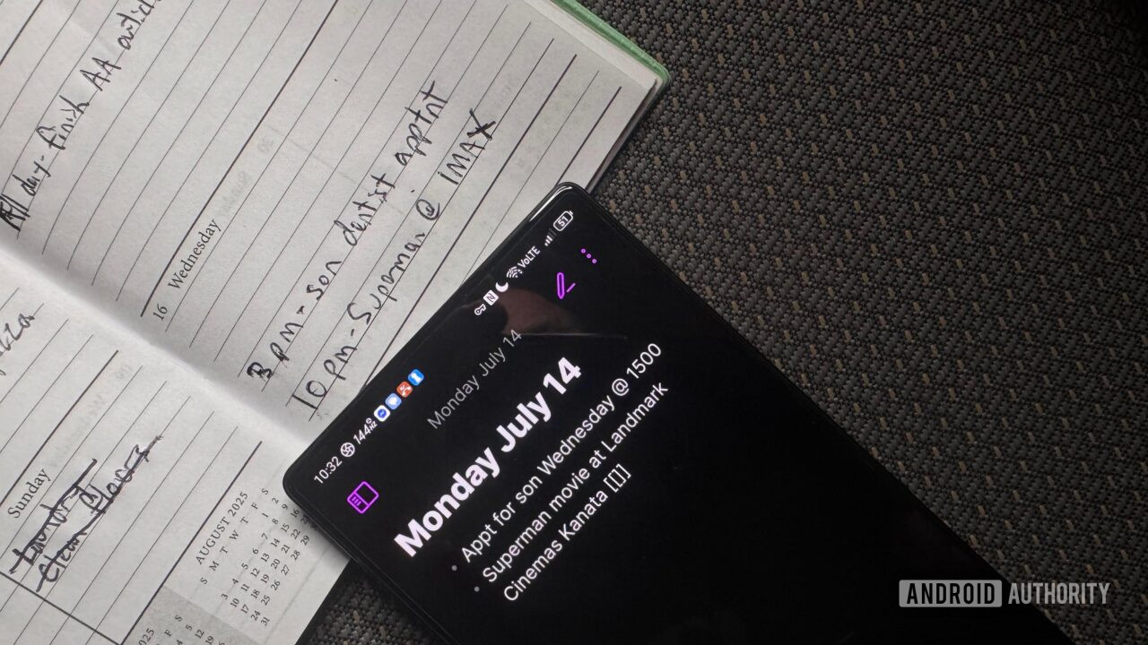 The Obsidian app open on a black Android with a white paper planner underneath.