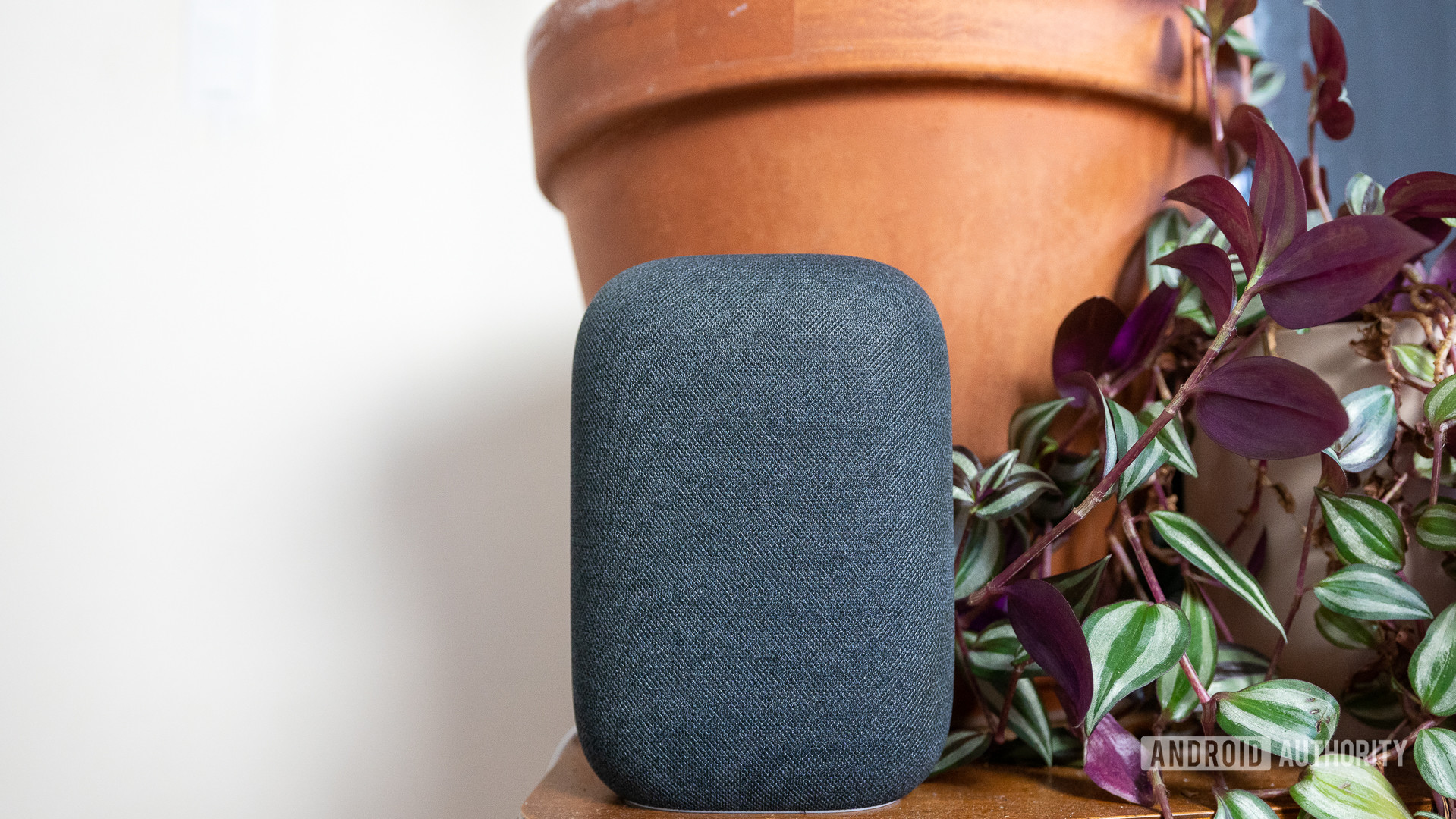 Google Nest Audio sound The Google Nest Audio speaker in gray pictured in front of plants on a table