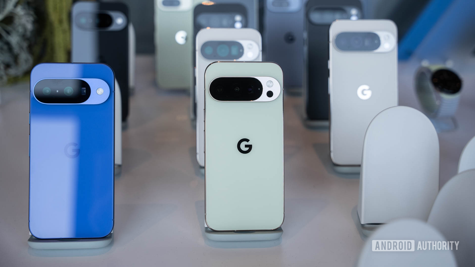 Google Pixel 10 devices on stands 2 Google Pixel 10 devices on stands 2