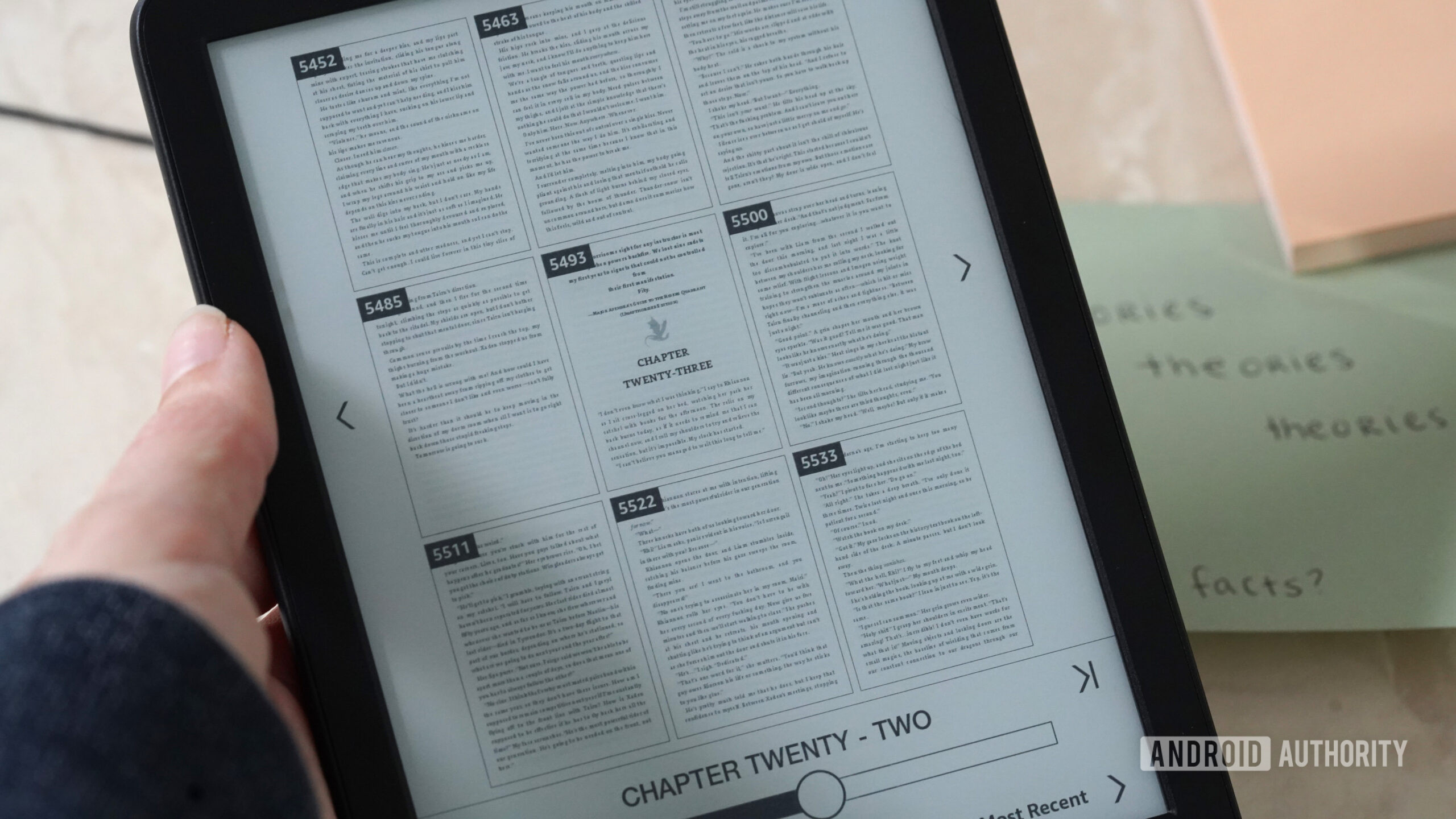 A Kindle displays the thumbnail view in Page Flip.