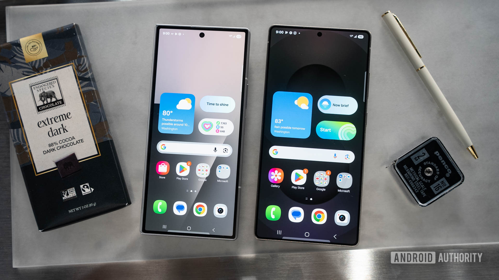 Samsung Galaxy Z Fold 7 next to Galaxy S25 Ultra showing home screens of both Samsung Galaxy Z Fold 7 next to Galaxy S25 Ultra showing home screens of both
