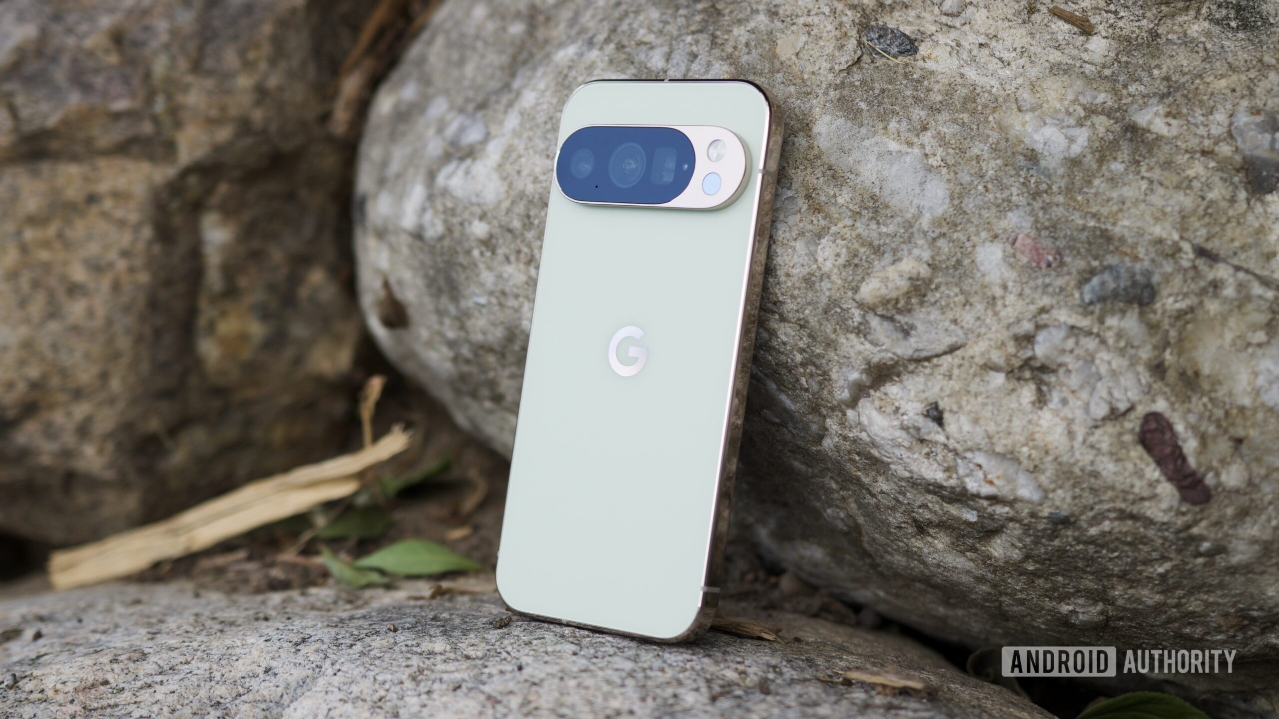 The Google Pixel 10 Pro in Jade, laying up against a rock.