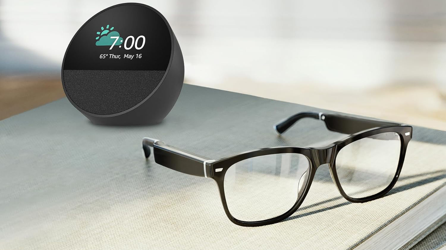 Amazon Echo Spot and Echo Frames on table