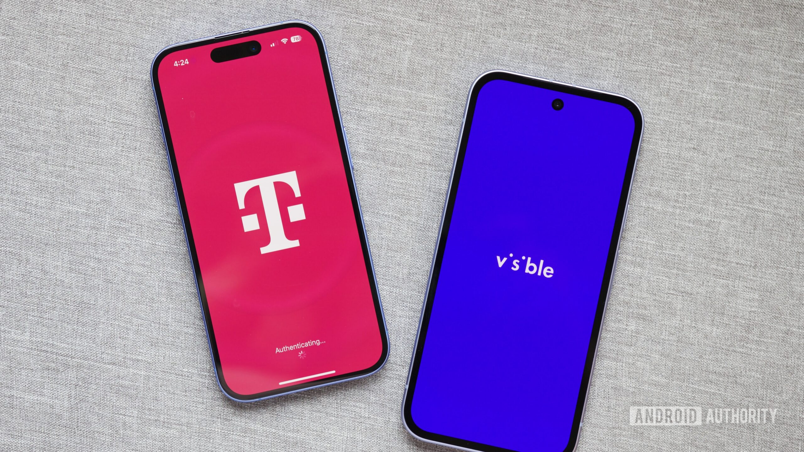 Two phones next to each other, one showing the T-Mobile logo, another showing the Visible logo.