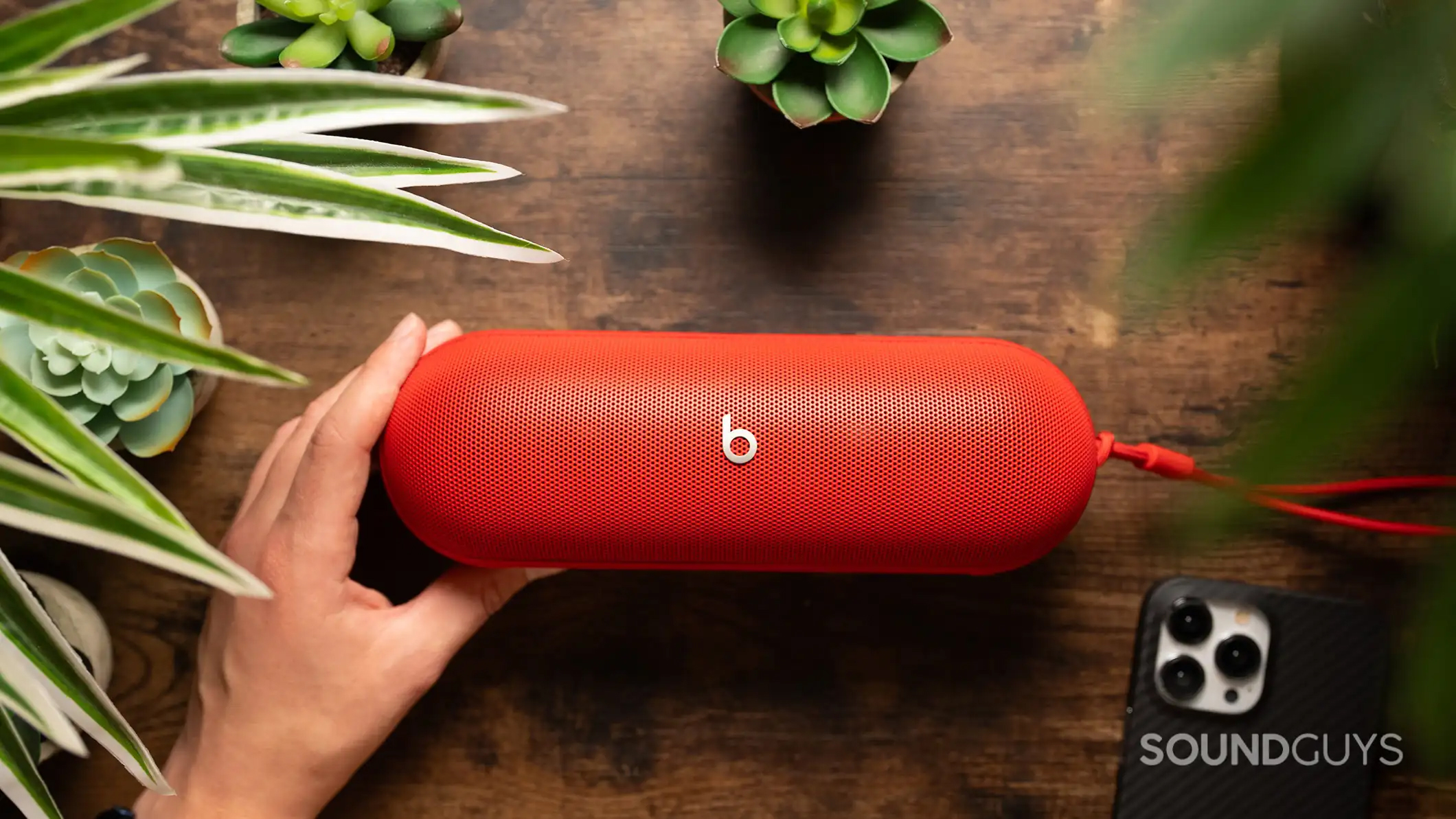 Beats Pill on table next to plants