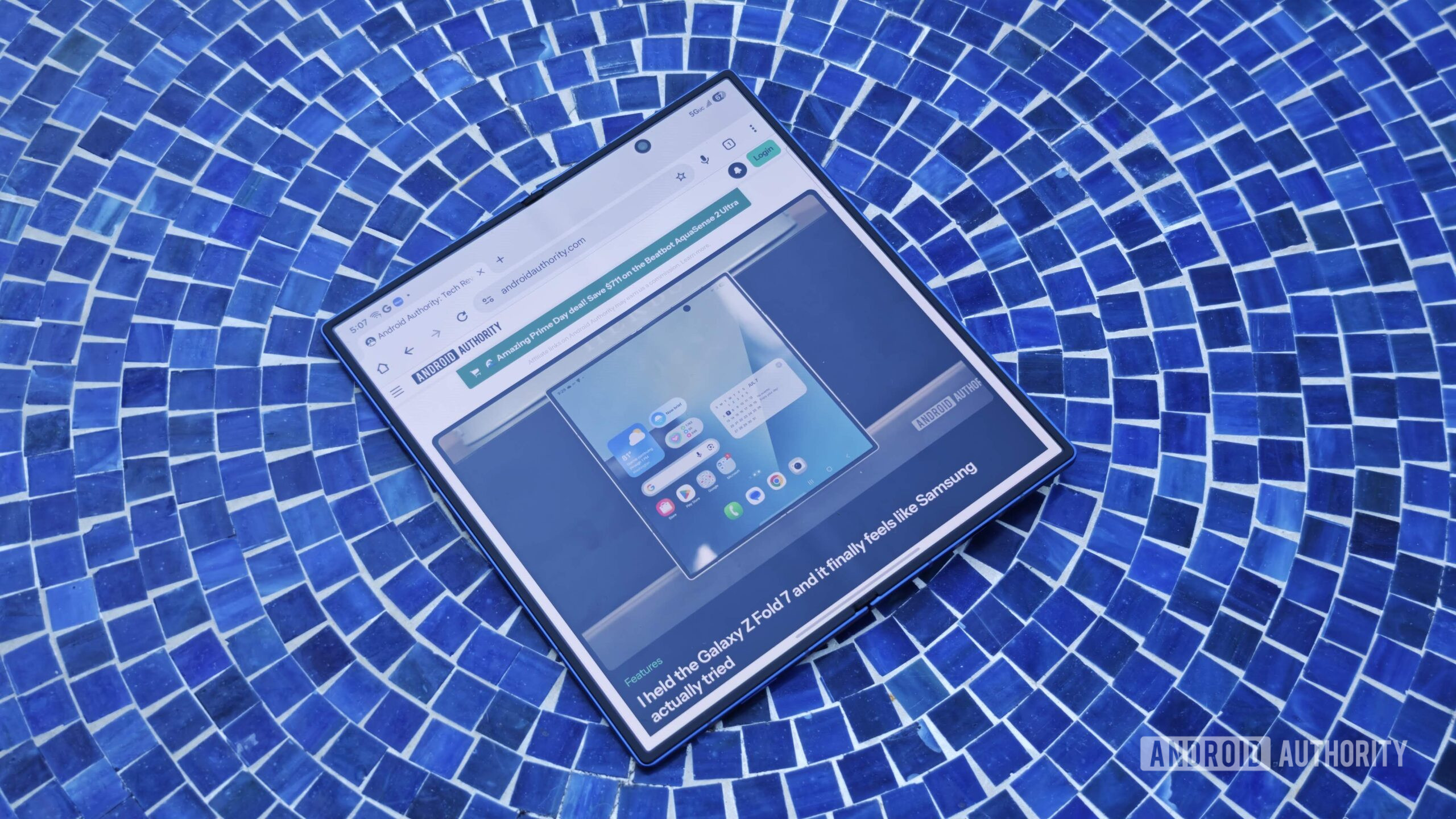 Galaxy Z Fold 7 unfolded laying down on table close hero image